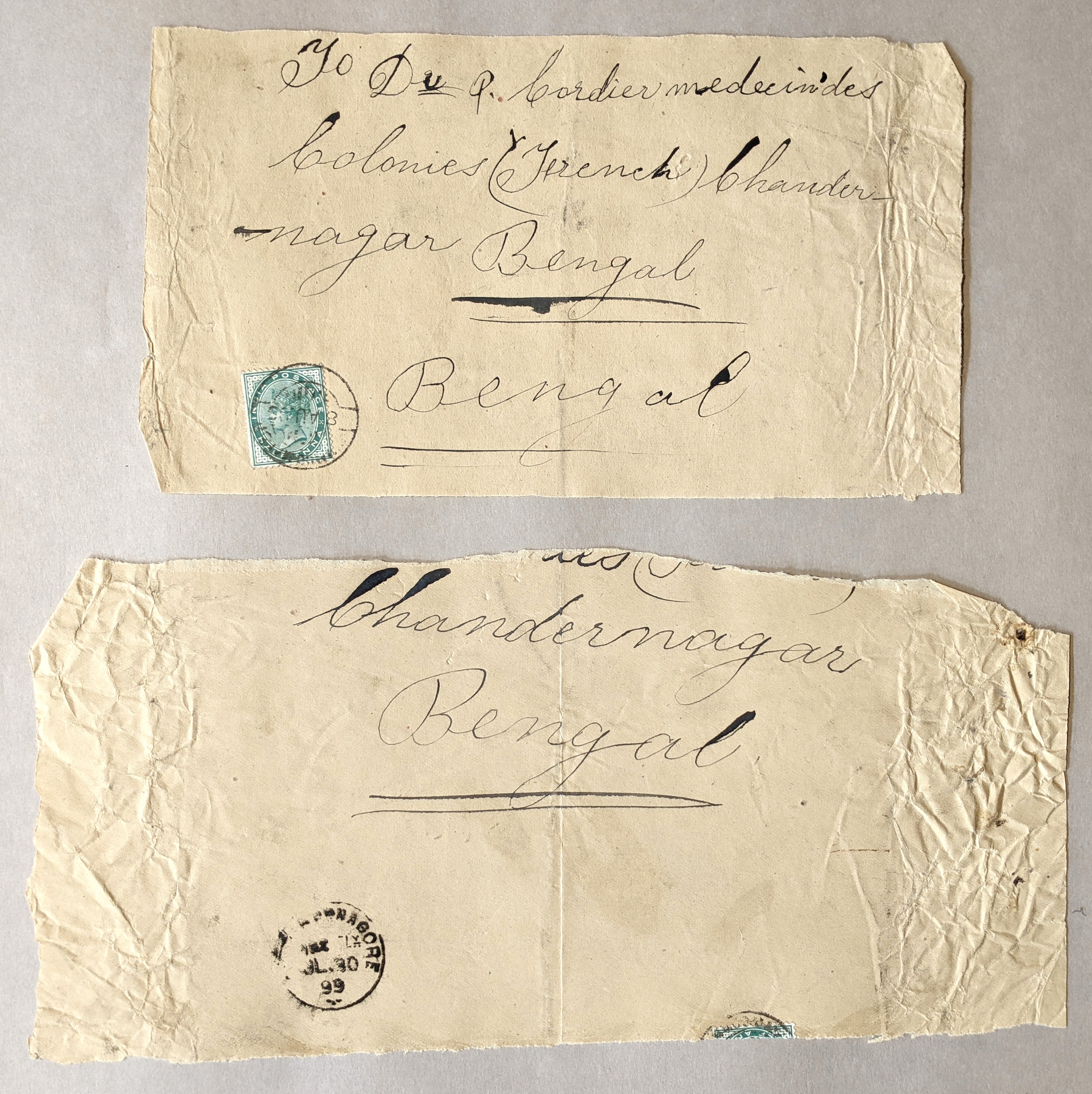 Brown paper packaging with colonial Indian postage stamps